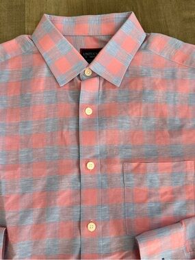 UNTUCKit Long Sleeve Button Up Shirt Linen Blend Check Medium Pink Red Blue Pock
